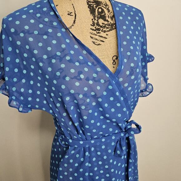 GILLIGAN & O’MALLEY Sheer Blue Polka-dot Short Sleeve Wrap Style Robe Sz S/M - Picture 3 of 9